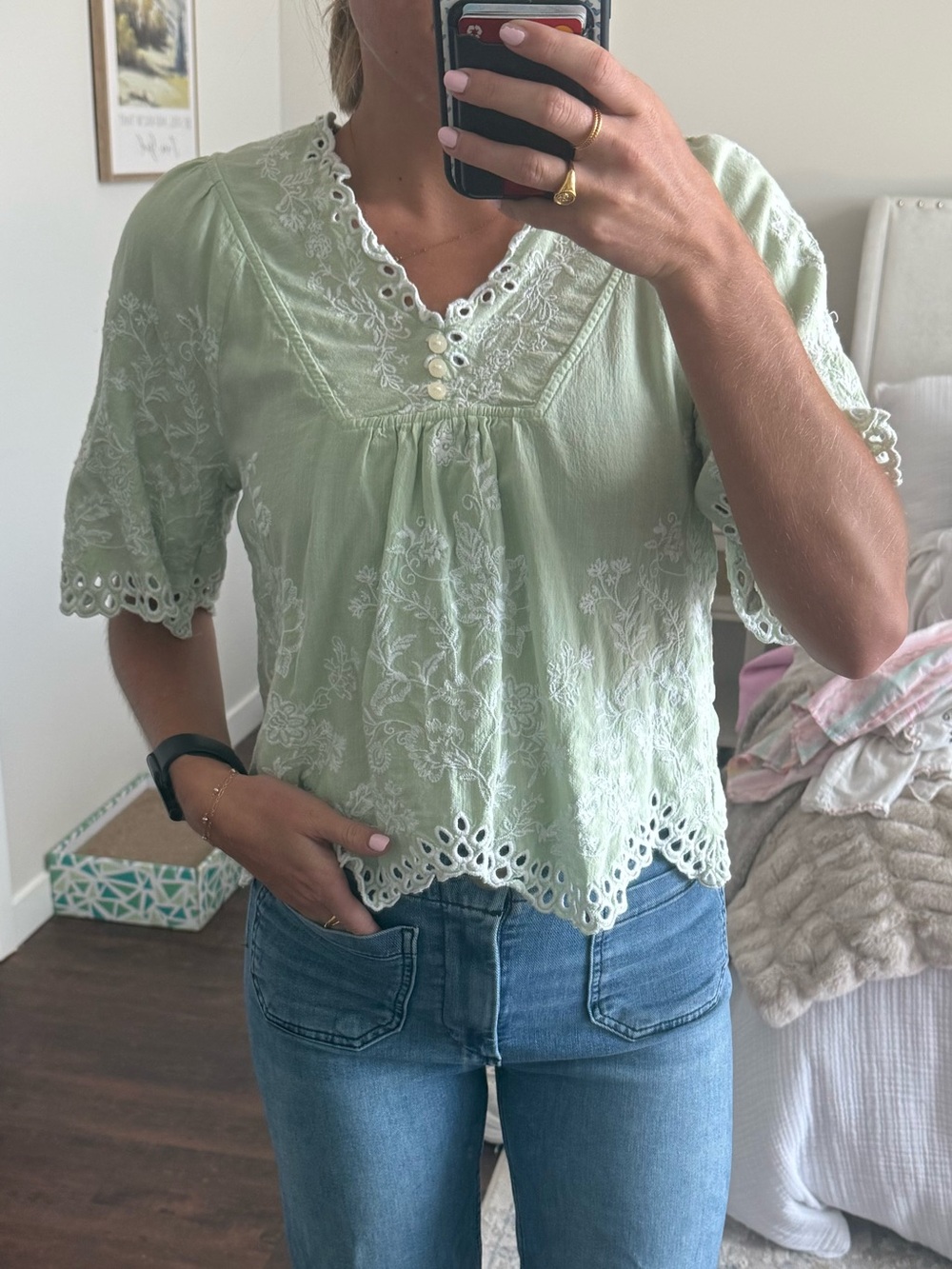LOFT Mint Green Eyelet Lace V-Neck Blouse
